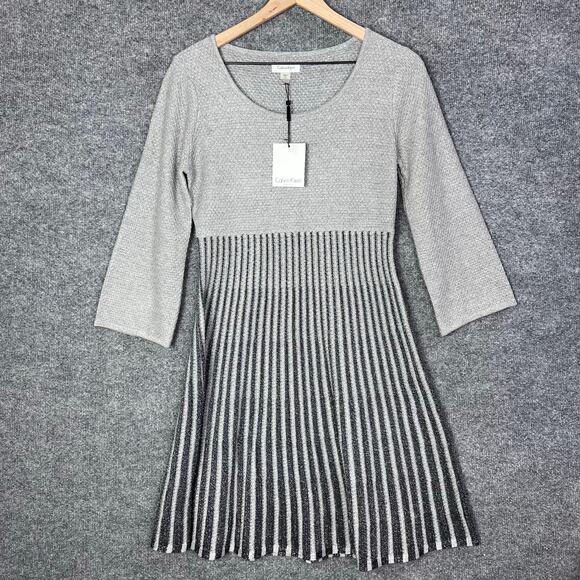 NEW Calvin Klein Flare A-Line Knit Sweater Dress Grey With Metallic Tread Size M - Picture 1 of 10